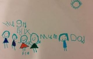 home schooling indicated by a young child's drawing of her family